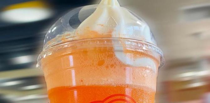 Orange Fanta Float de Wienerschnitzel presenta una mezcla del helado suave Tastee Freez característico de la marca mezclado con refresco Orange Fanta.