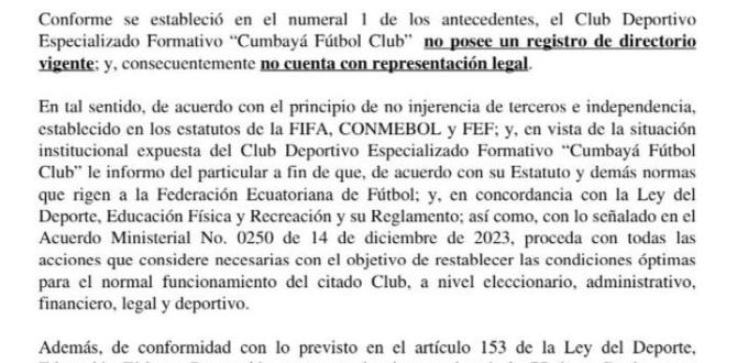 Carta de ministerio de Deportes dirigida a Cumbayá