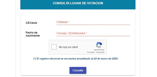 Captura de pantalla del sitio donde se consulta sobre el lugar de votación.