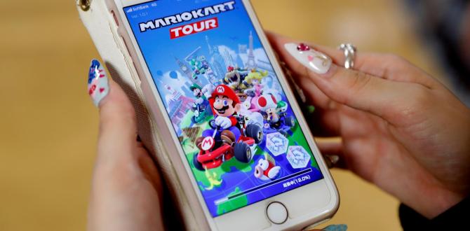 A woman shows the mobile title Mario Kart Tour on her smartphone during an interview with Reuters at Tatio's game center in Tokyo