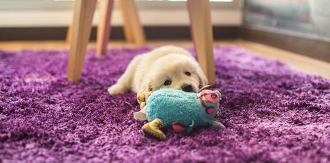 primer-plano-adorable-cachorro-golden-retriever-pequeno-acostado-sobre-alfombra-purpura-juguete-azul