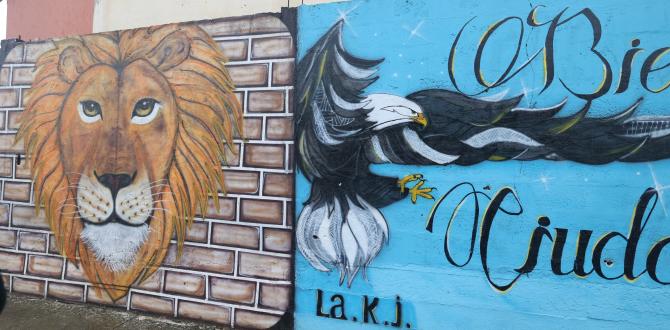 Las imágenes de un águila y un león están dibujadas en la pared de ingreso a la urbanización.