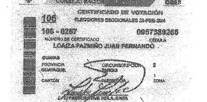 Certificado de alias Alacrán, de las elecciones seccionales del 23 de febrero de 2014.