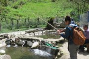 En una piscina los turistas pueden capturar las truchas con caña o a la manera ancestral, atrapándolas con las manos.