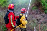 Bomberos ayudan a detener el incendio en Esmeraldas.
