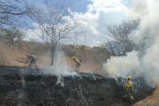 Bomberos tratan de apagar las llamas en Vilcabamba.