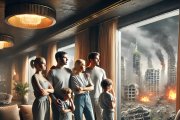 Imagen creada con IA. Familia adinerada en un búnker durante un escenario apocalíptico.