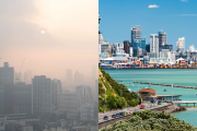 A la izquierda, una capital con altos niveles de smog. A la derecha una ciudad con niveles saludables de contaminación. Reflejando las disparidades globales en la calidad del aire.