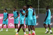 Enner Valencia y su alegría durante la práctica de la selección ecuatoriana.