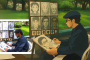 Usando la inteligencia    artificial de Studio Ghibli, el artista Iván Cruz en el parque Centenario de Guayaquil.