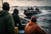 Recreación con inteligencia artificial de pescadores artesanales en altamar frente a riesgos del crimen organizado.
