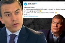 El prófugo de la justicia Rafael Correa reacciona a la imitación que realizó Noboa de su no tan bue inglés.