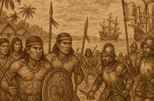 Ilustración de los constantes enfrentamientos que los pueblos originarios del Guayas tenían con los españoles.