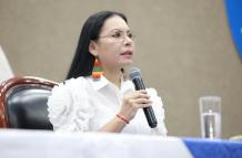 La presidenta del CNE, Diana Atamaint, en una sesión del Pleno del CNE.