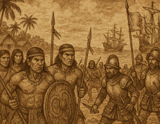 Ilustración de los constantes enfrentamientos que los pueblos originarios del Guayas tenían con los españoles.