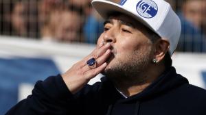 Argentine former football star Diego Armando Maradona blows a kiss du