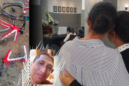 Karina Marín y su hija Tamara contemplan con tristeza el féretro donde reposan los restos de su amado Pedro Quijano Santos.