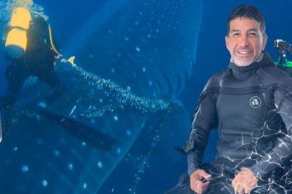 Peter Freire sobre el animal, cortando la malla y la cuerda que se habían enreado en su cuerpo y que podrían terminar matándolo.