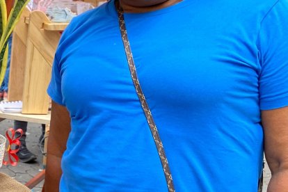 Ana Martínez junto al mini jardín que comercializó en la Plaza San Francisco.