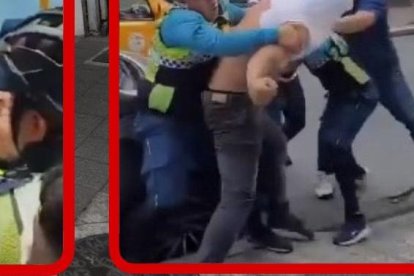Secuencia. 1. Conductor provoca al agente antes del combate. 2. Agentes tratan de neutralizar al conductor. 3. Ciudadano se sube en su propio vehículo antes de tirar más golpes.