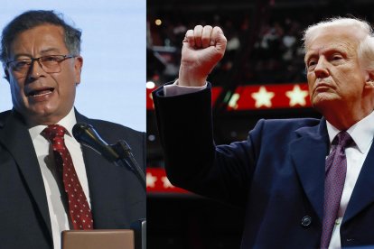 AME4270. BOGOTÁ (COLOMBIA), 26/01/2025.- Combo de fotografías donde aparece el presidente de Colombia, Gustavo Petro y el de los Estados Unidos, Donald Trump. El presidente de Colombia, Gustavo Petro, desafió este domingo a su homólogo estadounidense, Donald Trump, con un largo escrito en el que incluso afirma que no teme a que le den un golpe de Estado, en medio de la crisis bilateral por la imposición de aranceles y otras medidas anunciadas por la Casa Blanca. EFE/ Mauricio Dueñas Castañeda / Anna Moneymaker