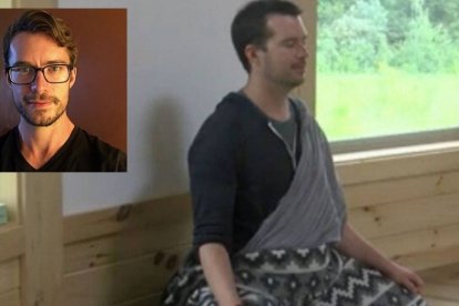 Daniel Thorson, su foto de Twitter y una imagen de cuando medita.