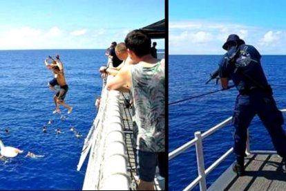 Escenas del momento en la que un tiburón se dirigía a un grupo de personas.