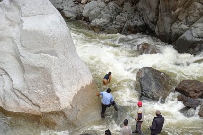 La gente que acompaña a la familia de Alexis se mete en el río y busca en medio de las piedras.
