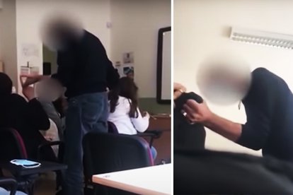 Momento en que el profesor abofetea a su alumno.