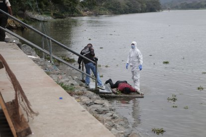 Agentes de Criminalística y de la Dinased llegaron al río Daule para retirar el cadáver.