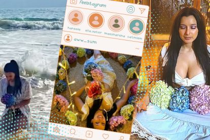 La actriz realiza el ritual rodeada de hortensias; al lado, recibe energías en el mar.