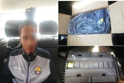 El detenido y las evidencias halladas en el carro que conducía.