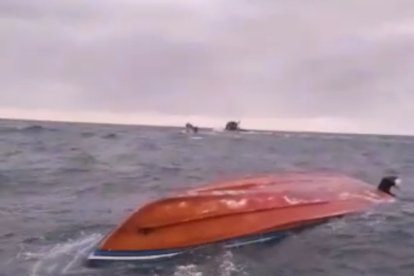 La embarcación virada tras el impacto del cetáceo.