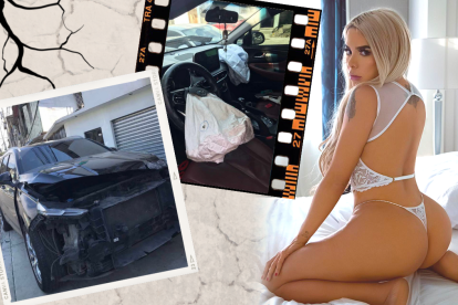 El vehículo de la modelo quedó destrozado. Dice que lo más importante es su vida.