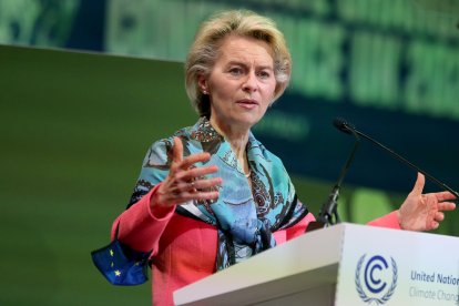 European Commission President Ursula von der Leyen speaks during the Action on Forests and Land Use session at the UN Climate Change Conference (COP26).