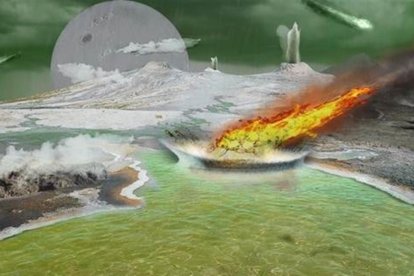 Recreación de la Tierra primitiva, hace unos 4.500 millones de años. Imagen: Lucas Chacón. Imagen cedida por el Consejo Superior de Investigaciones Científicas (CSIC).