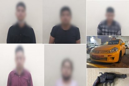 Los detenidos y las evidencias que les encontraron, entre ellas el taxi en el que supuestamente cometían los asaltos y robos.