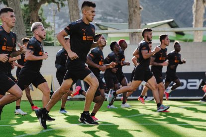 Michael Hoyos (i) es una de las caras nuevas de los albos que llevan adelante los trabajos de pretemporada en su complejo.