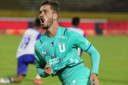 Tomás Molina festeja tras marcar el primer gol de Liga de Quito sobre Cumbayá. Fue el cuarto tanto del Palomo en la LigaPro.