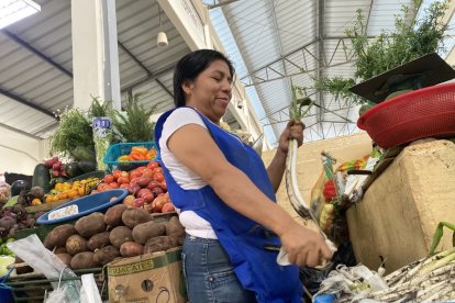 Doña Beatriz, quien labora más de 20 años en el Mercado Oeste, tiene que ofertar alternativas ante el alza del precio de las frutas
