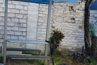 Manuel Gallo tendido en el patio y cerca a él el perro muerto con varios disparos.