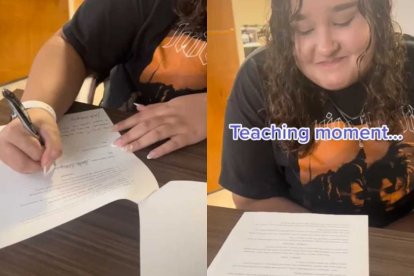 Momento en que la joven, de 18 años, firma el contrato.