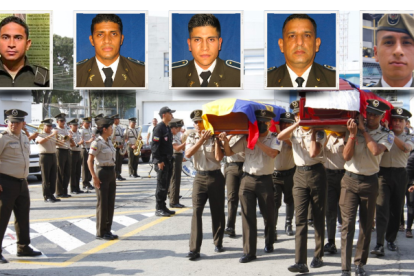 Estos son los cinco uniformados asesinados el martes. Los restos de los policías Chunata Martínez y Contreras Montoya fueron velados en el cuartel Modelo.