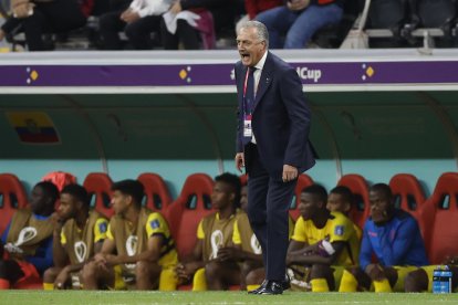 El seleccionador de Ecuador Gustavo Alfaro dirigiendo hoy, en un partido de la fase de grupos del Mundial de Fútbol 2022 entre Catar y Ecuador en el estadio Al Bait en Al Khor (Catar).