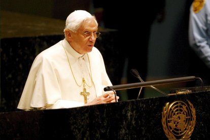 Imagen de Archivo del papa Benedicto XVI, durante el discurso que pronunció ante la Asamblea General de Naciones Unidas, en la sede de la ONU en Nueva York, Estados Unidos.