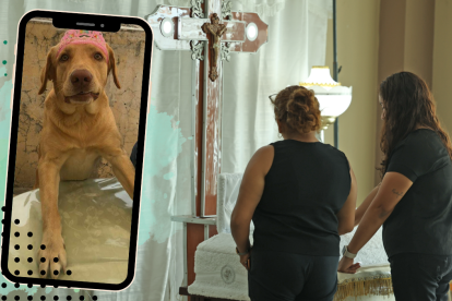 María Fernanda Ganchozo (de espaldas) y su progenitora contemplaban con tristeza el féretro donde reposa la menor de las niñas. Príncipe, aunque presentó malestar, sobrevivió al tóxico. Murió la otra mascota, 
un lorito.