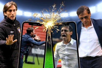 Luis Zubeldía DT de Liga de Quito y Fabián Bustos de Barcelona, en el choque más importante de la fecha 6 de LigaPro.