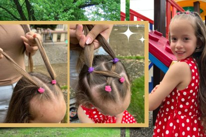Si a tu niña le gusta el pelo suelto, lo ideal es que  no se le venga a la cara. 
Hazle dos moñitos en la parte frontal, los cruzas y medio pelo queda libre.