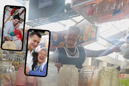 Doña Susy en su puesto de jugos y bien alegre con los candidatos Otto Sonnenholzner (derecha) y Daniel Noboa.