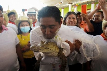Con un beso, el alcalde de Oaxaca juntó lazos de amor con un caimán hembra